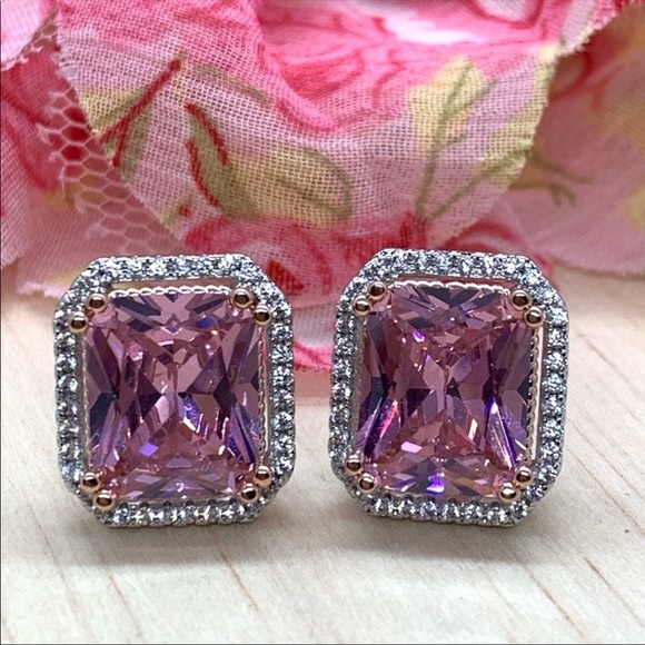 Gold Plated Big Pink Crystal Earrings - Picture 3 of 4